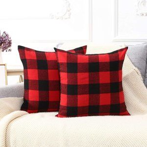 Set of 2 Black & Red Buffalo Check Cotton 20" Throw Pillow Covers